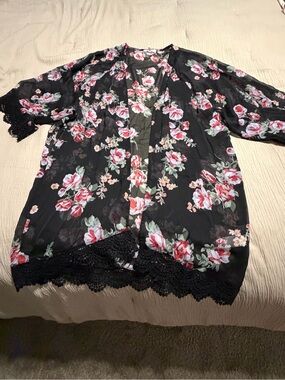 Black Floral Lace Trim Kimono